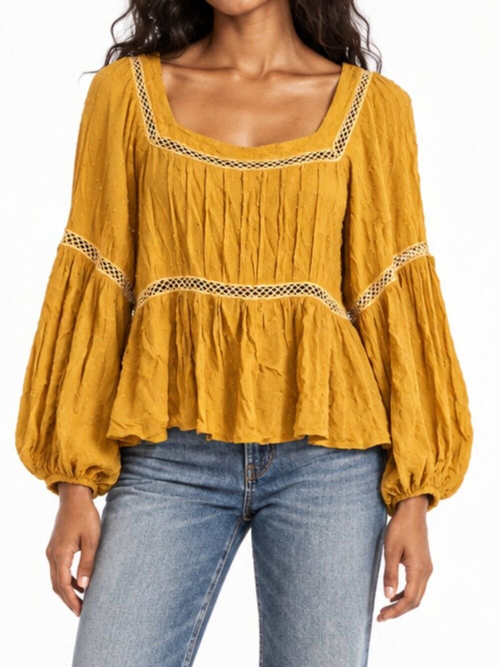 By Together Mustard Swiss Dot Crochet Trim Balloon Sleeve Boho Peplum Blouse M